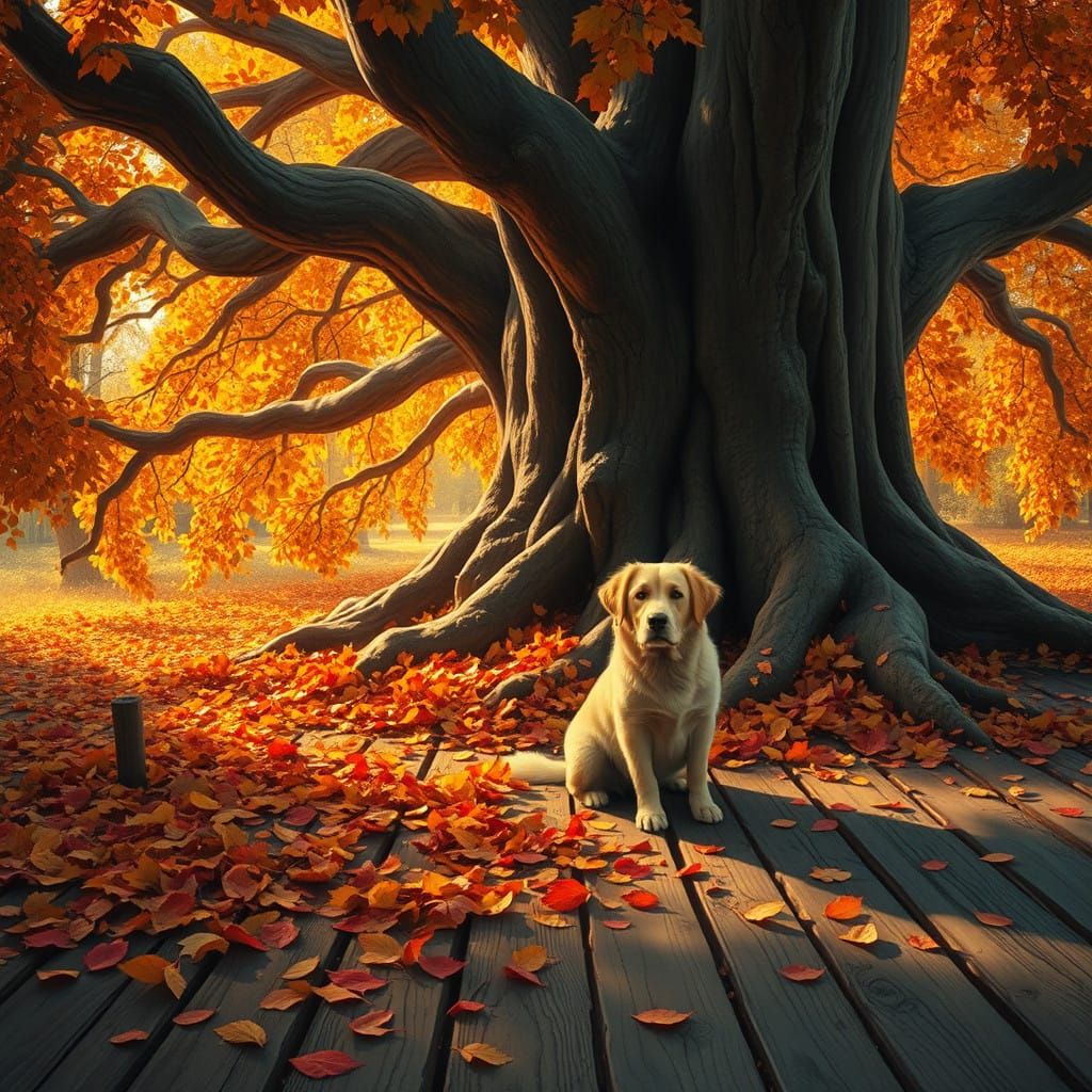 Golden Autumn Scene with Dog Under Tree