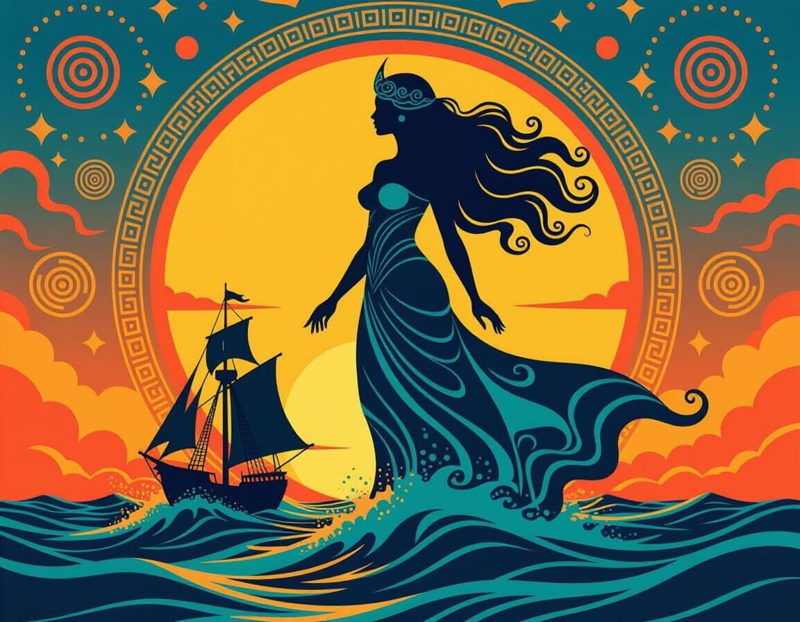 Ocean Goddess Silhouette with Geometric Runes