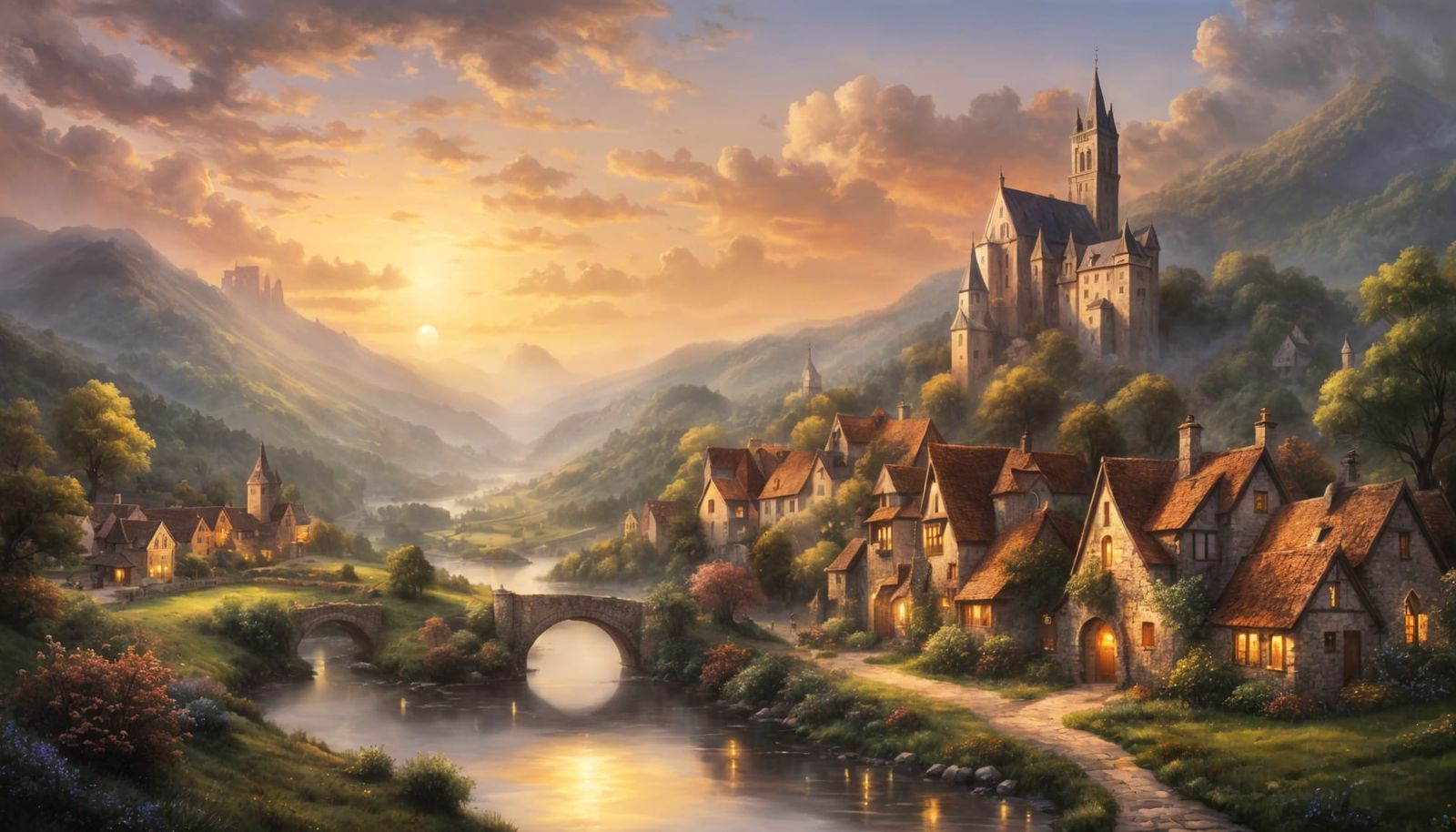 Serene Medieval Village at Twilight, Oil Painting