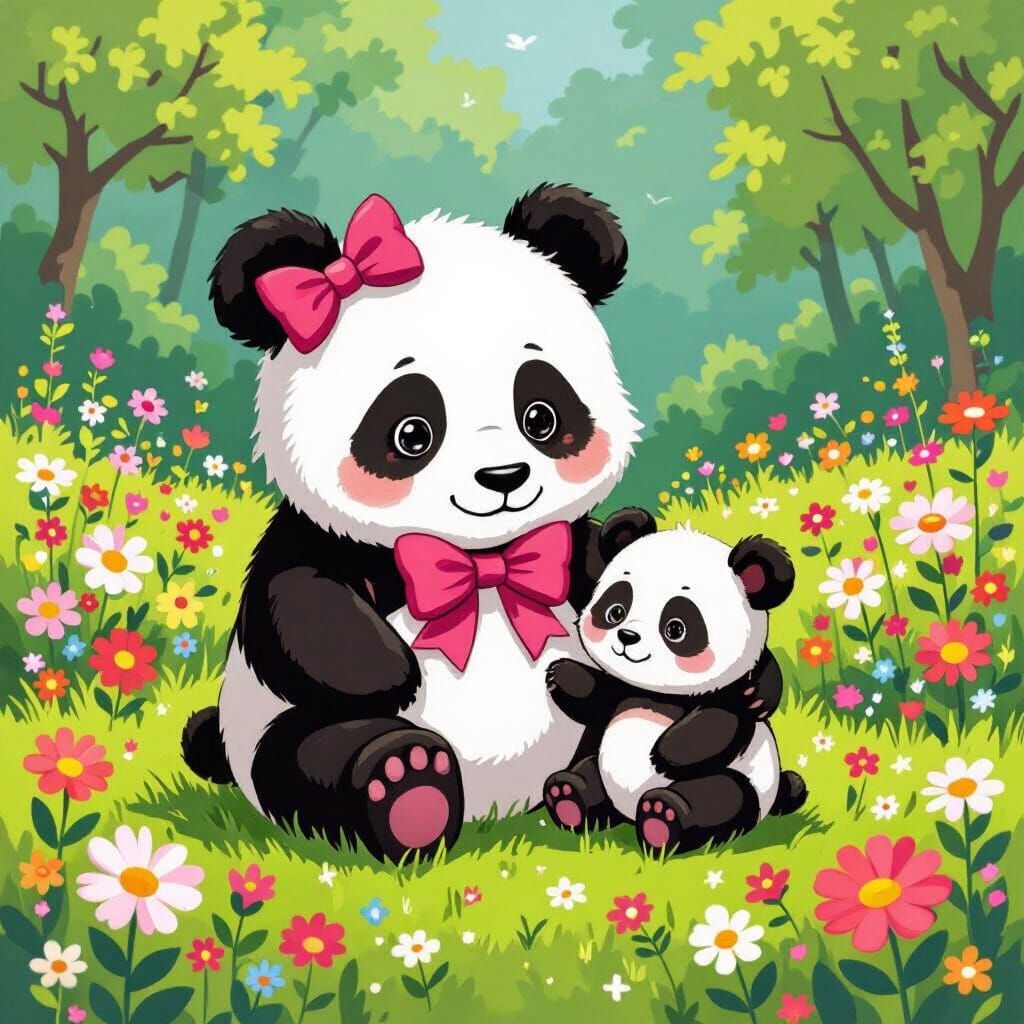 Panda with Cub in Superflat Style