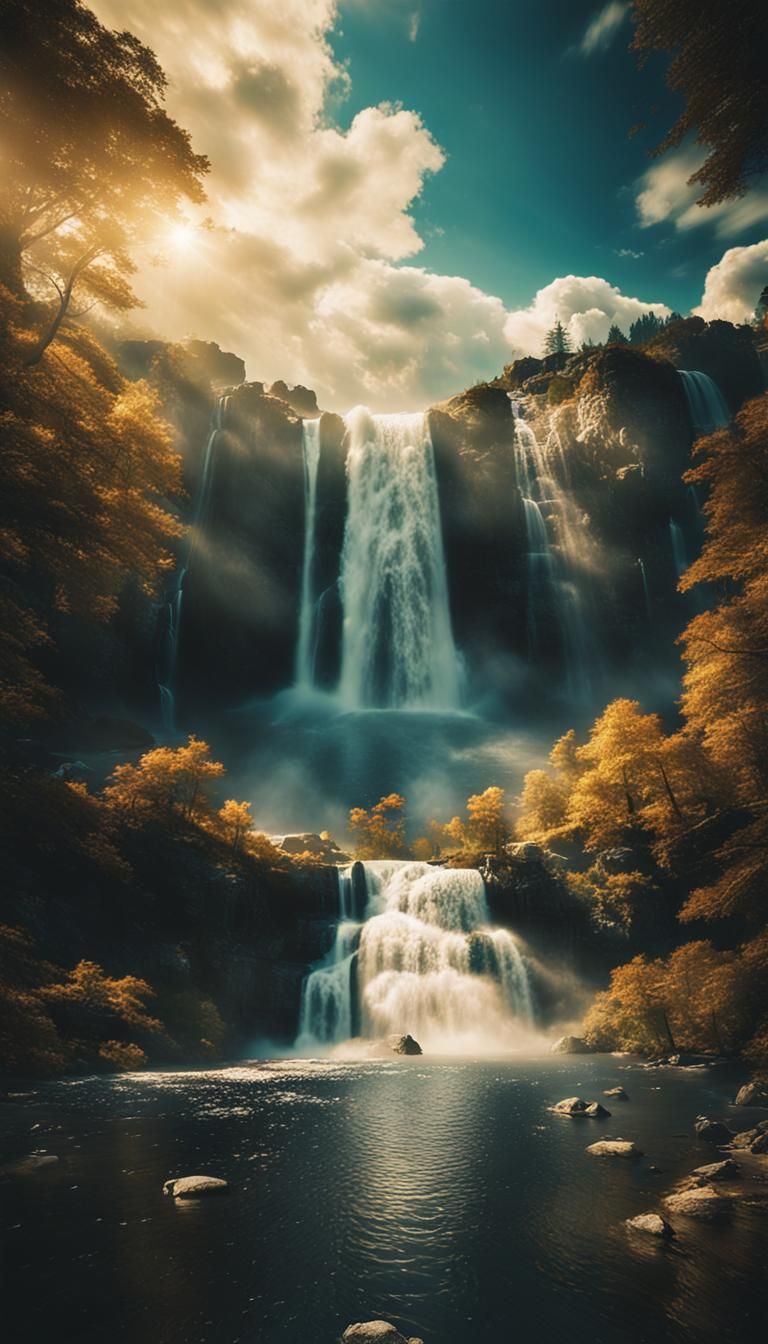 Golden City Waterfall in Heaven: Cinematic Film Still