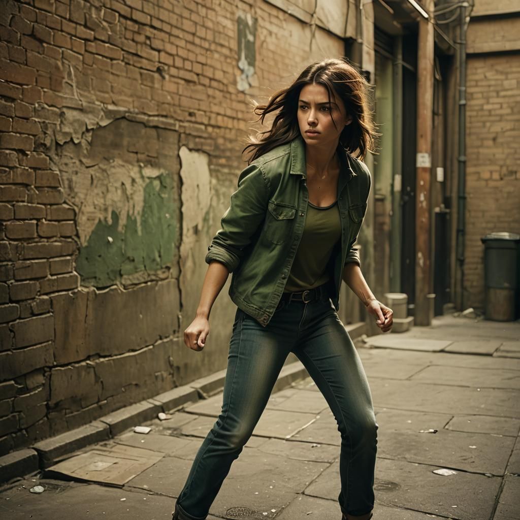 Girl Ready to Fight in Gritty Urban Alleyway