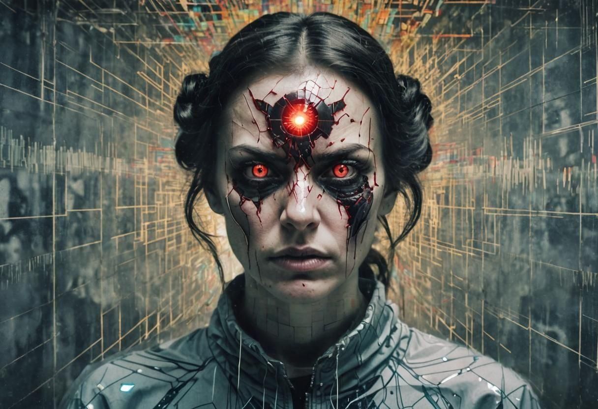 Surreal Glitchcore Design with Cyberpunk Bioluminescent Line...