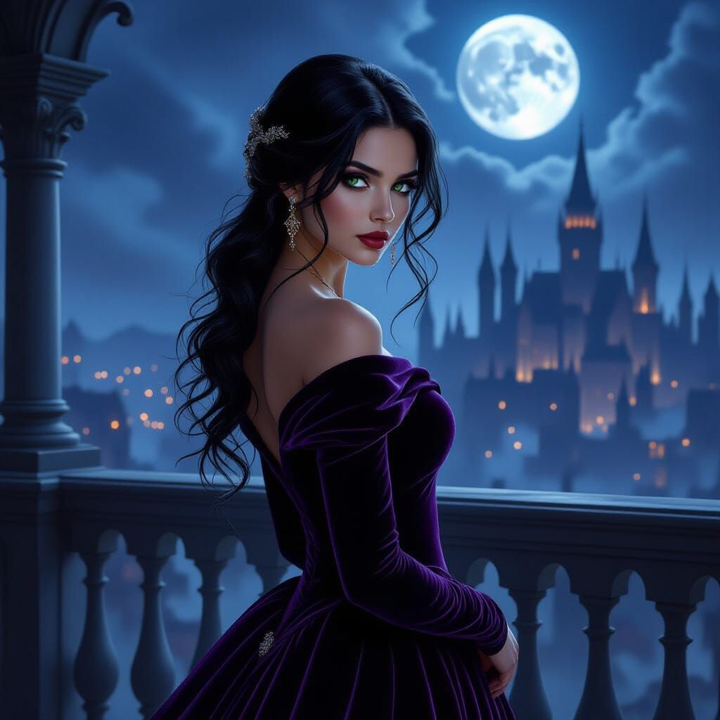 Ameera Grofenn in Violet Gown Overlooking Gothic City