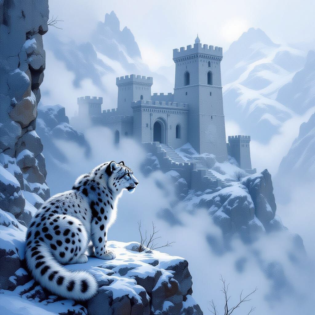 Snow Leopard Surveys Ancient Ruin Amidst Misty Peaks
