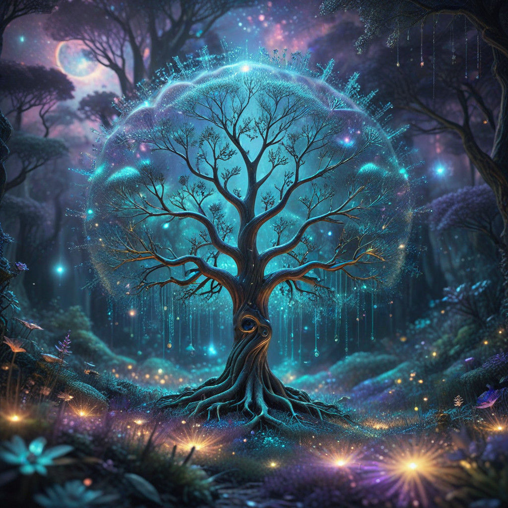 Mystical Fractal Realm with Wavy White Trees and Glowing Man...