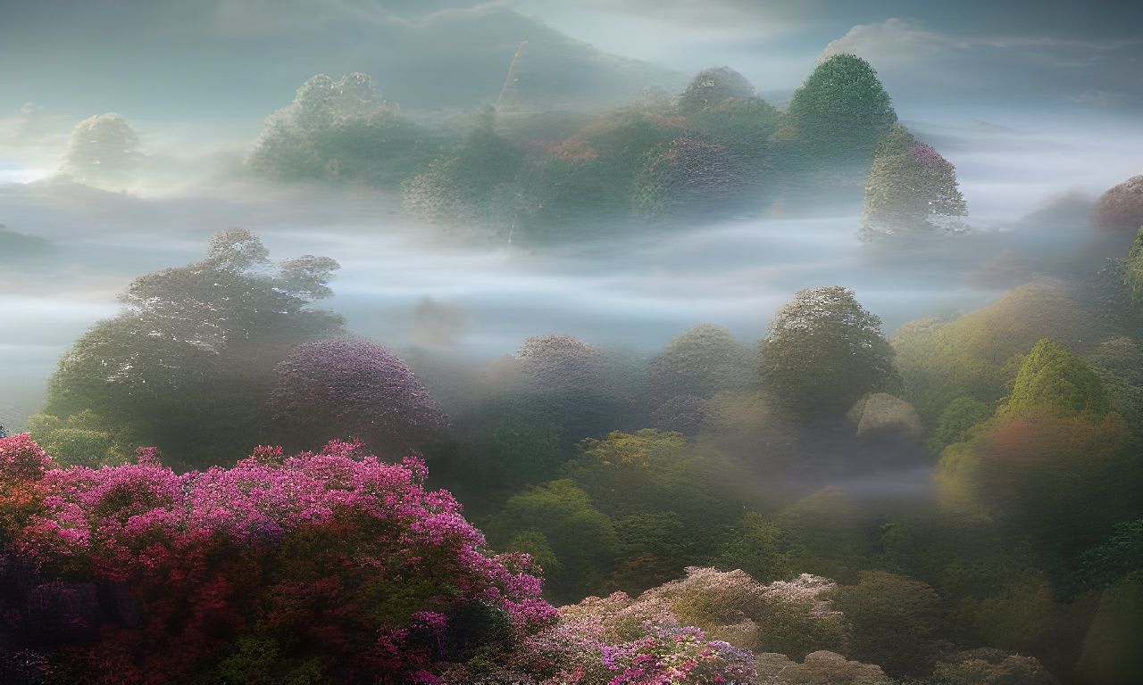 Ethereal Trees in Light Mist: Digital Painting