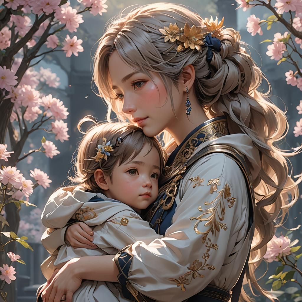 Anime Style Mother and Child Portrait