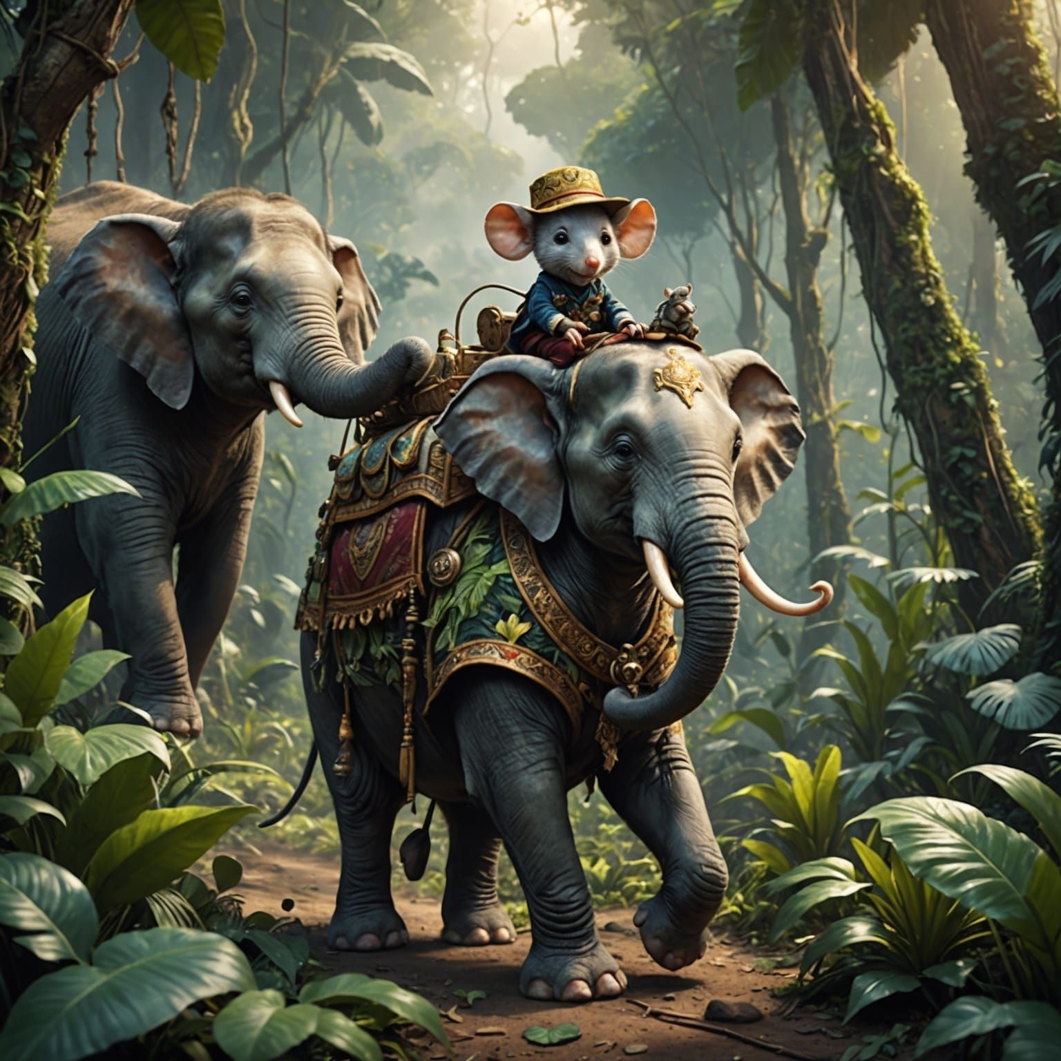 Adventurous Mouse Rides Elephant in Jungle