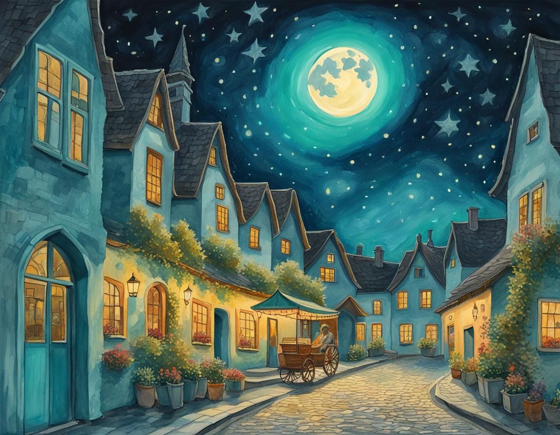 European Village Street at Night in Watercolor Style