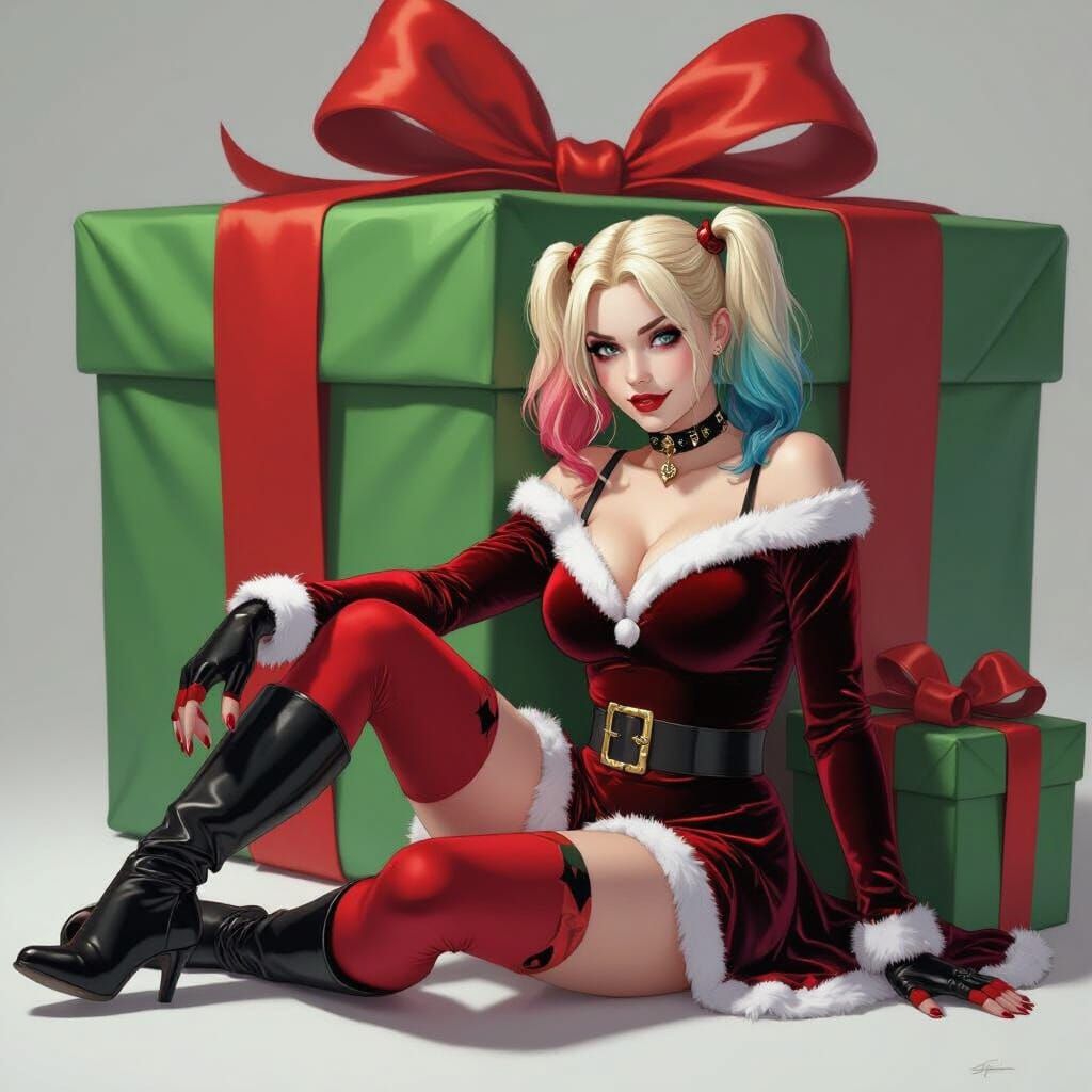 Harley Quinn in Velvet Christmas Dress with Giant Present