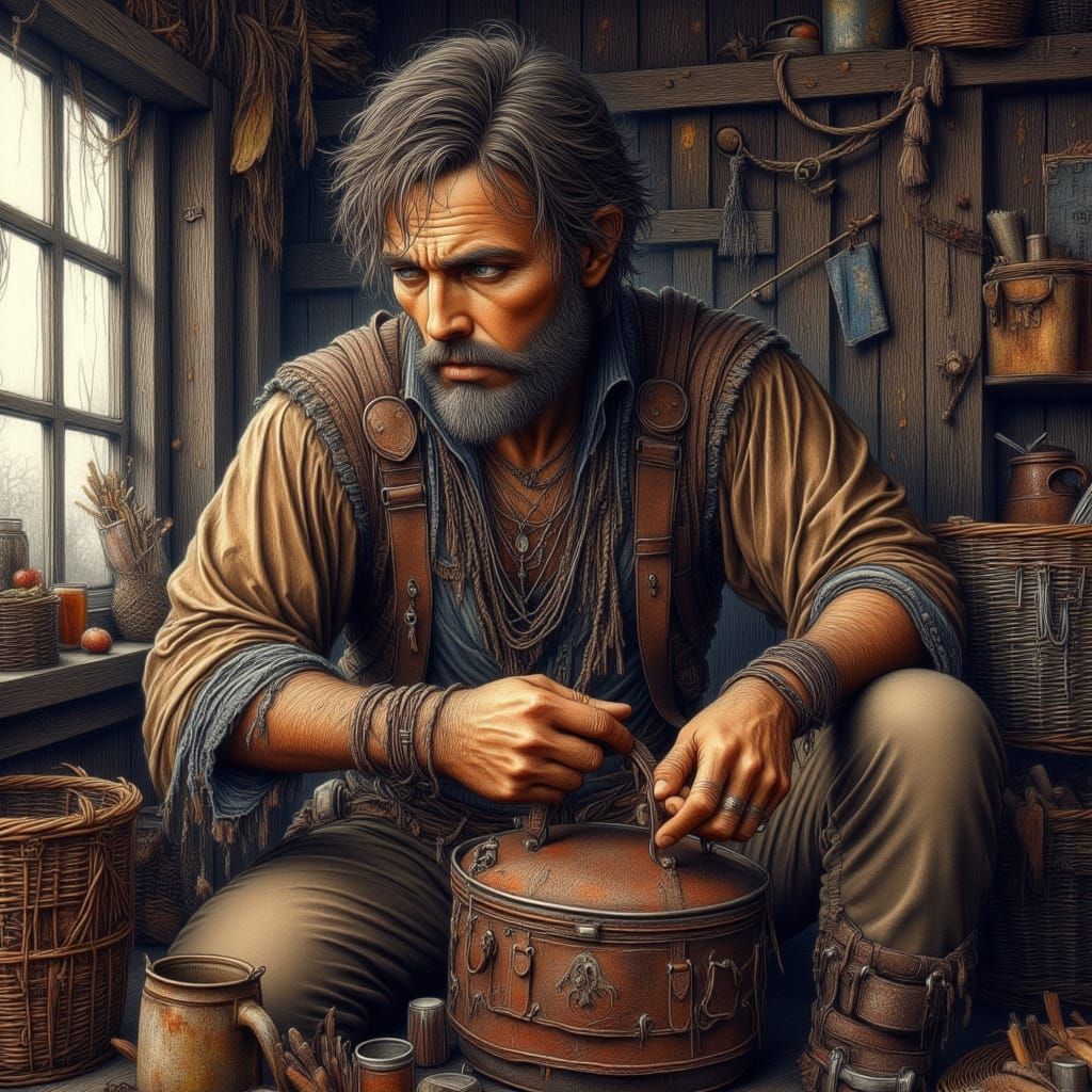 Bohemian Man Packs for Journey, Hand-Drawn Style