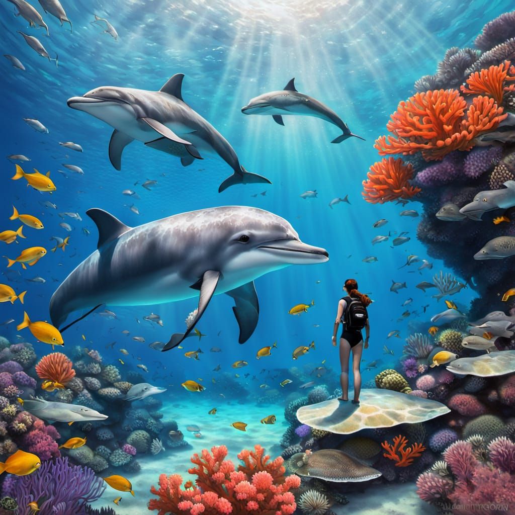 Diver and Dolphin Encounter on a Vibrant Coral Reef