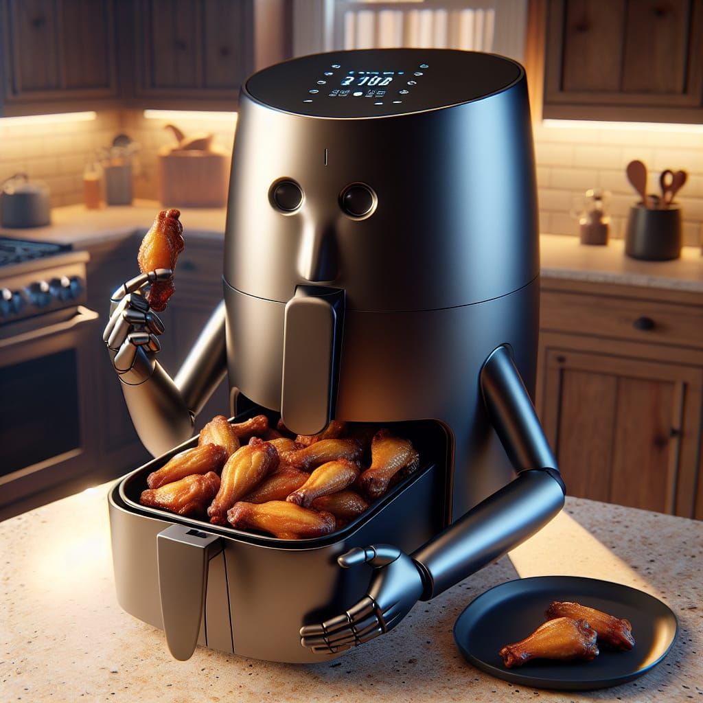 "A hyper-realistic 3D render of an anthropomorphic air fryer with a smooth, single-tone dark metallic finish, shaped wit...