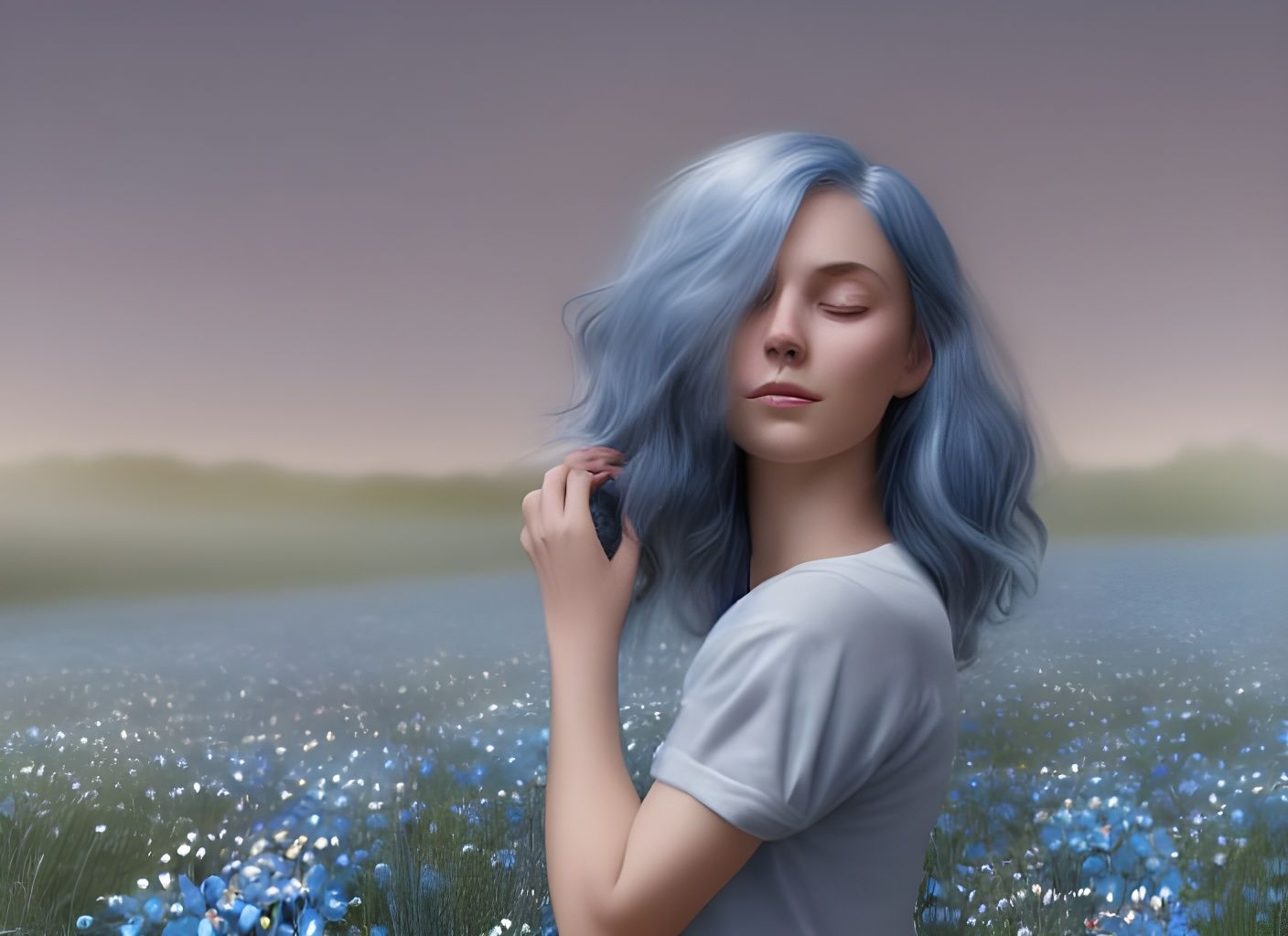 Blue-Haired Woman Portrait in Hyperdetailed Style