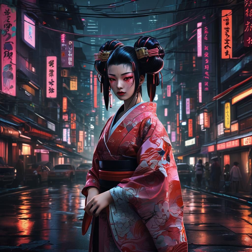 Cyberpunk Geisha in Neon City