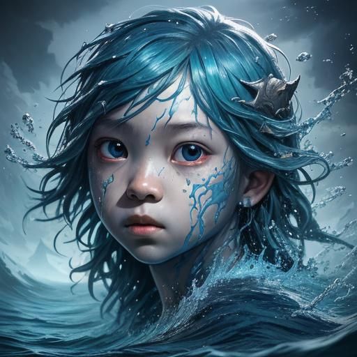 Hyperrealistic Water Monster Kid: Splash Art Concept