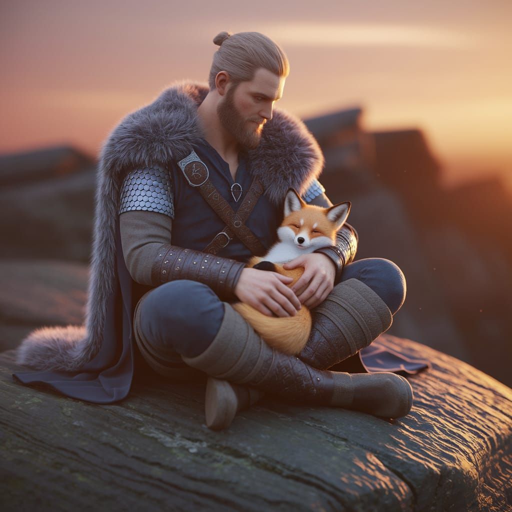 Viking Warrior Cradling Fox at Twilight: 3D Render