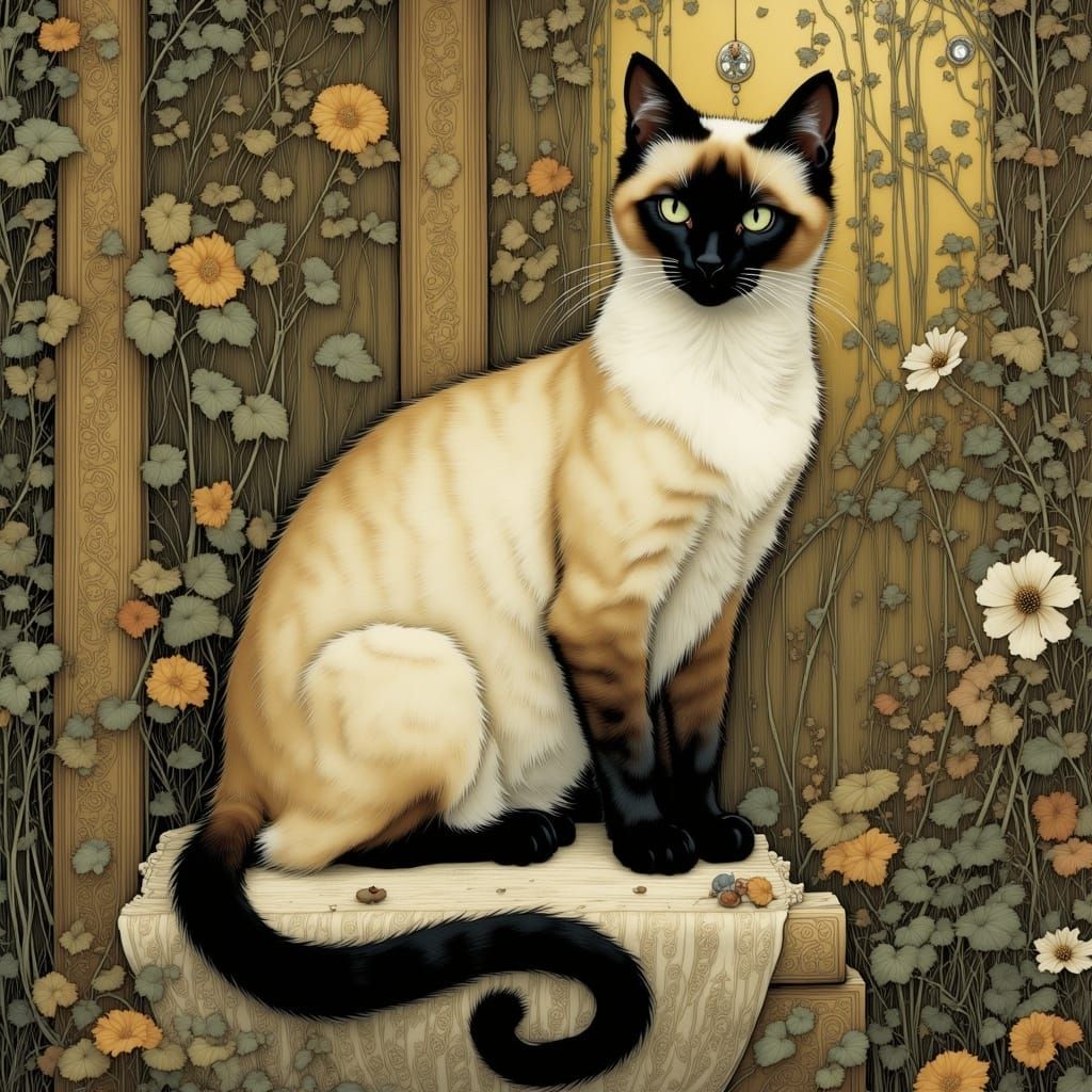 Gilded Siamese Cat in Art Nouveau Style