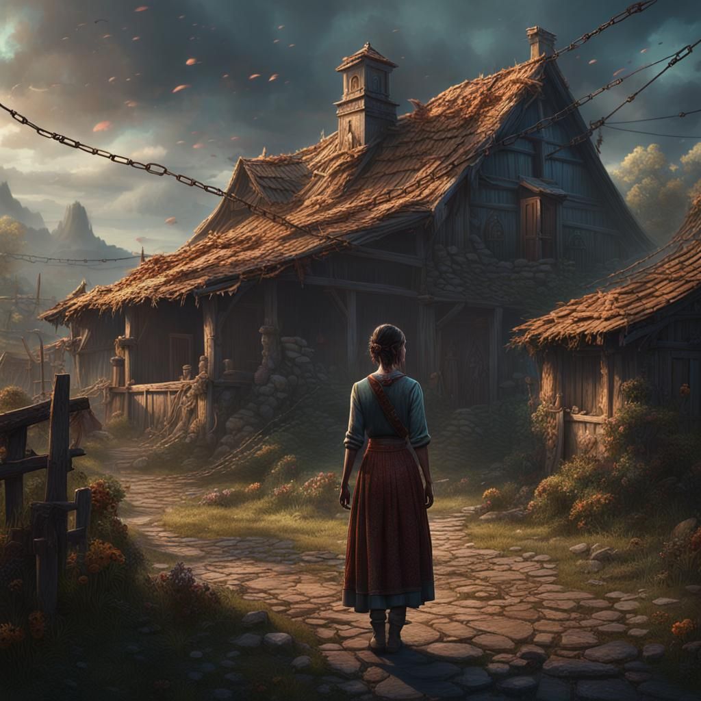 Resilient Woman in Rural Village, Matte Painting