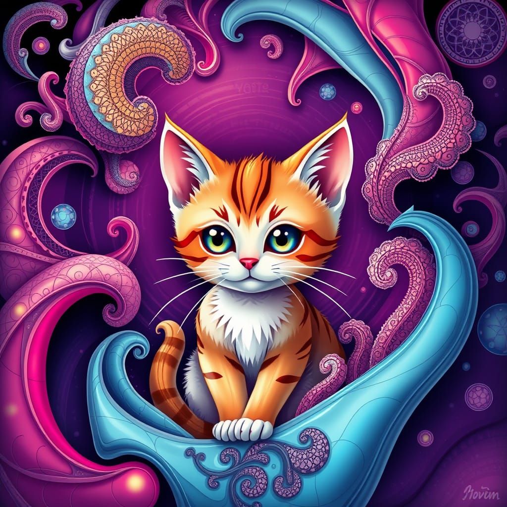 Whimsical Kitty in Neon Futuristic Vortex