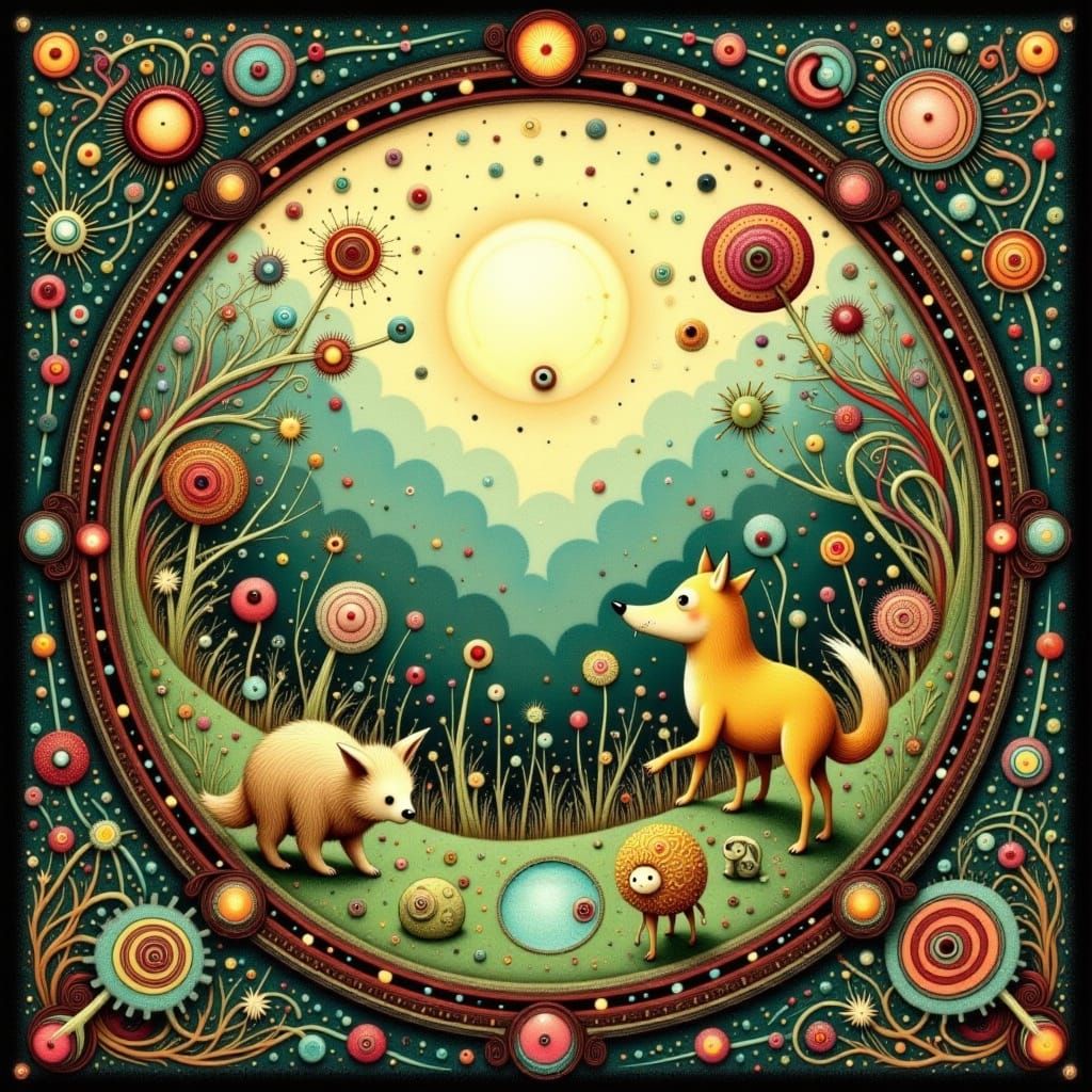 Chibi Wolves Inside Antique Clock, Whimsical Illustration