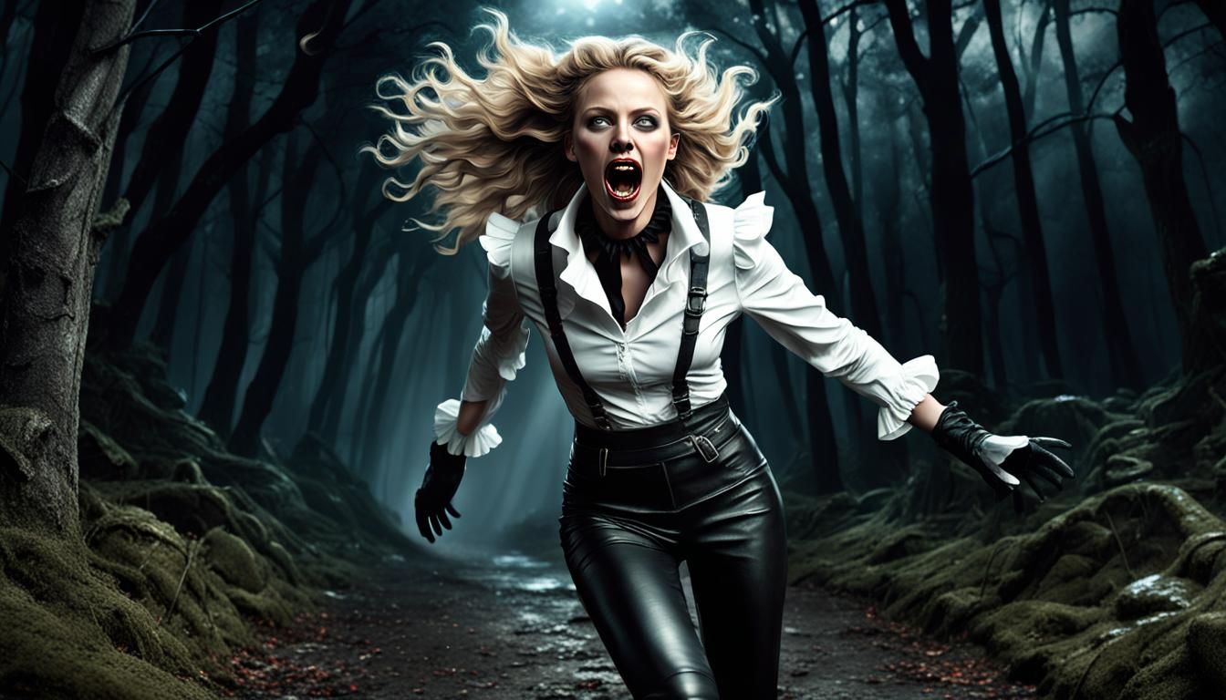 Frightened Woman Runs Through Dark Forest at Night