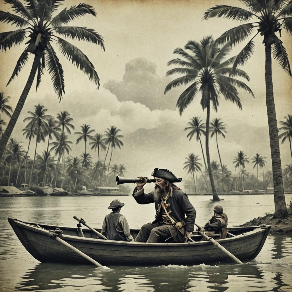 Hyperrealistic Pirate Observes Land With Telescope