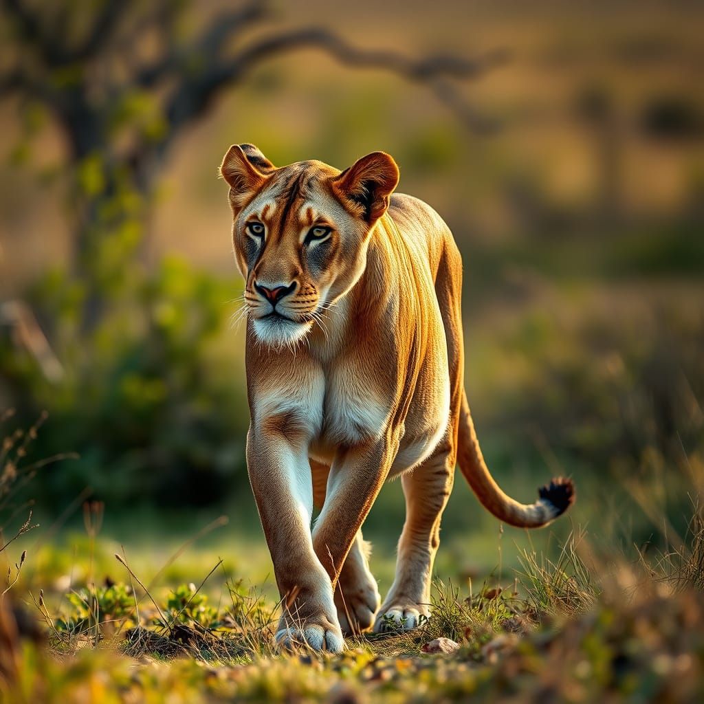 Pregnant Lioness Walking Through the Savannah