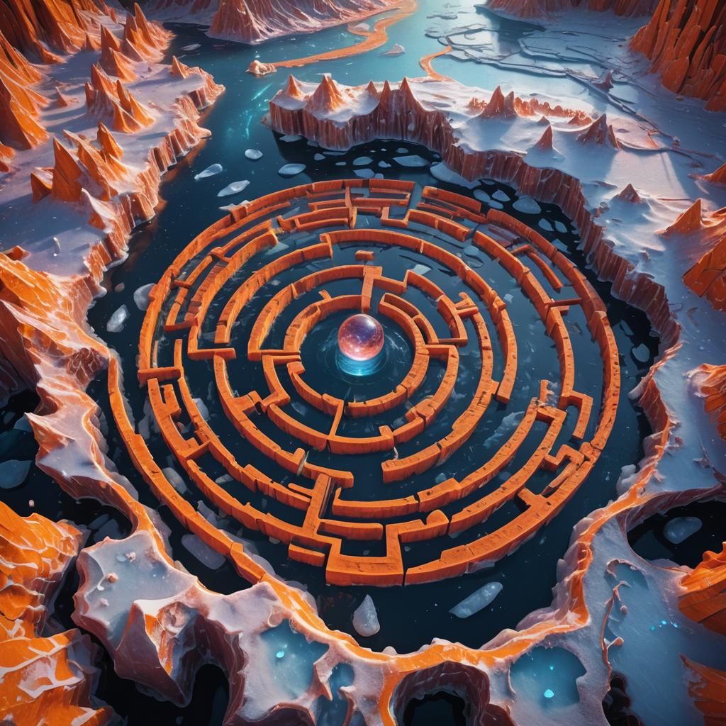Orange Labyrinth on Ice River in North Pole