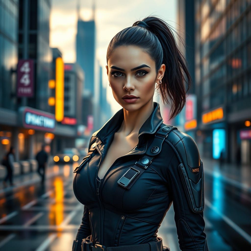 Futuristic Cityscape with Confident Female Soldier