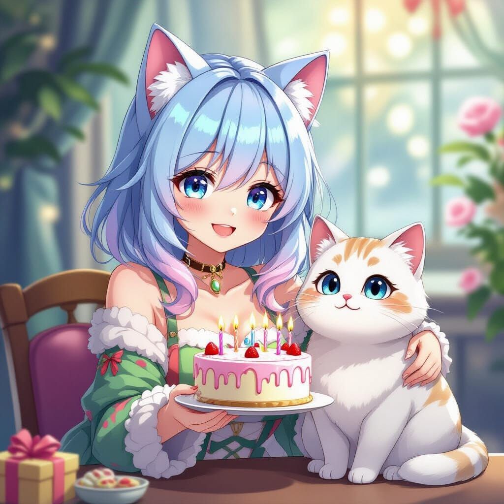 Anime Girl with Cat Ears and Birthday Cake
