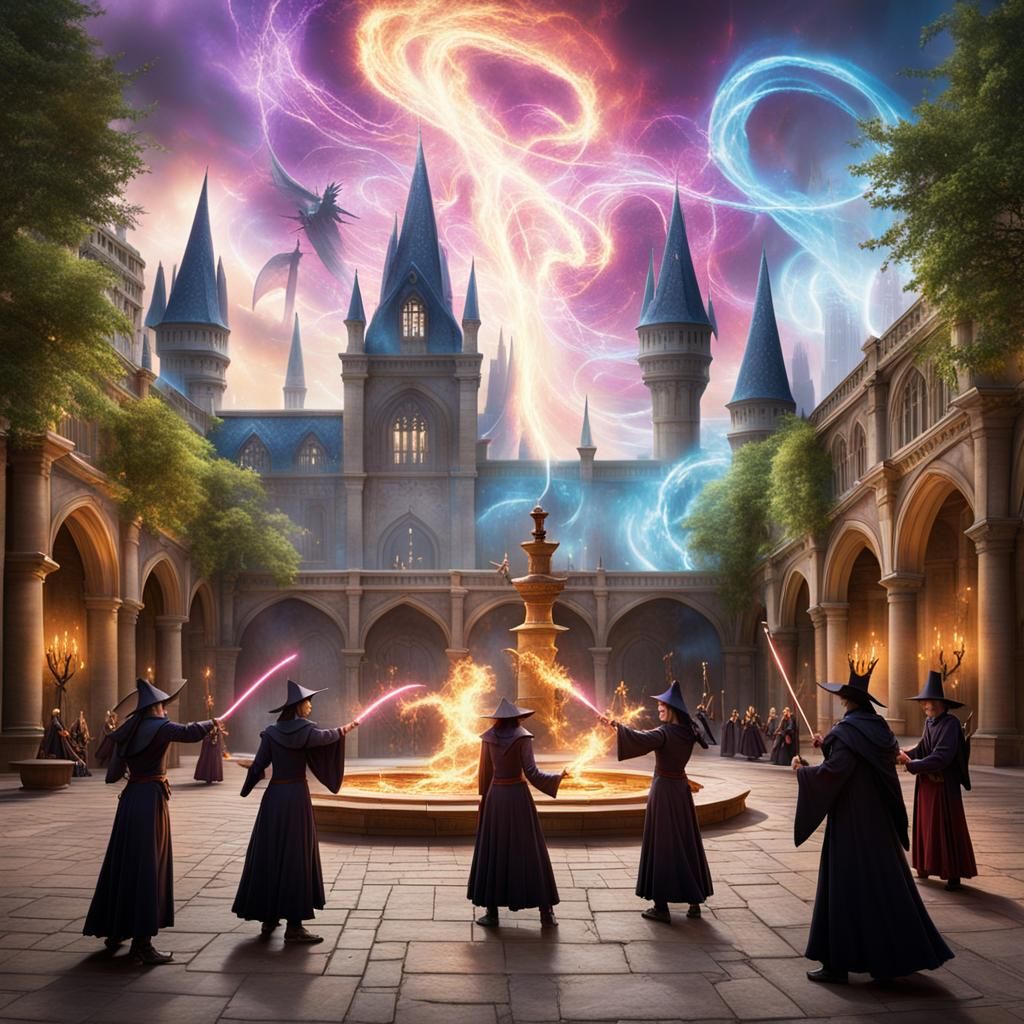 Magical Duel in Academy Courtyard: 3D Digital Art