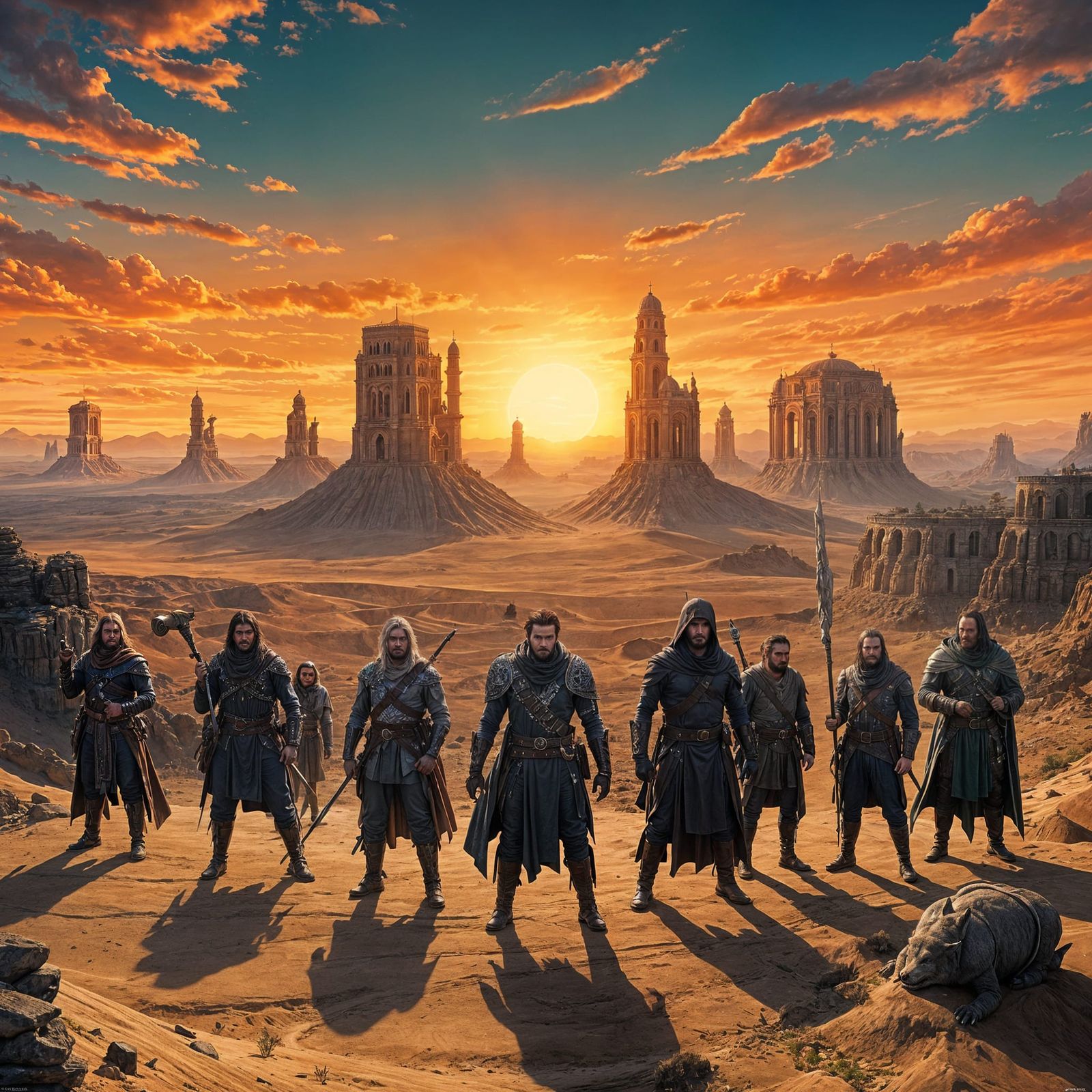 Epic Fantasy Gathering in a Desert Landscape
