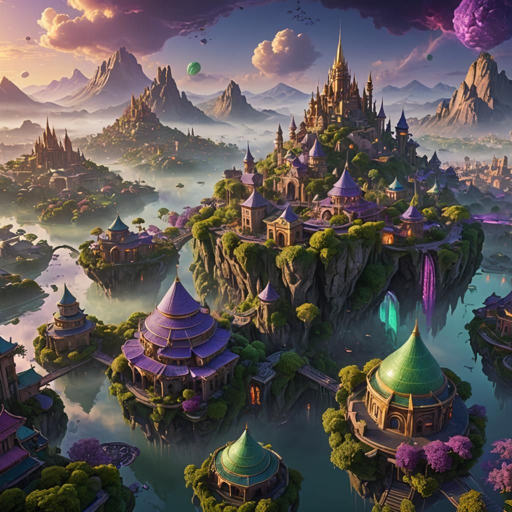 Mystical Cityscape with Floating Islands: Fantasy Concept Ar...