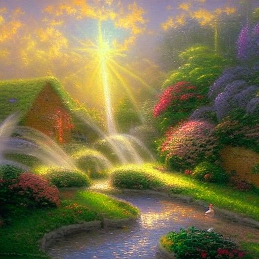 Angels and Fairies in Golden Clouds, Digital Painting