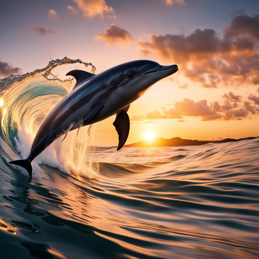 Dolphin Leaping in Wave at Sunset