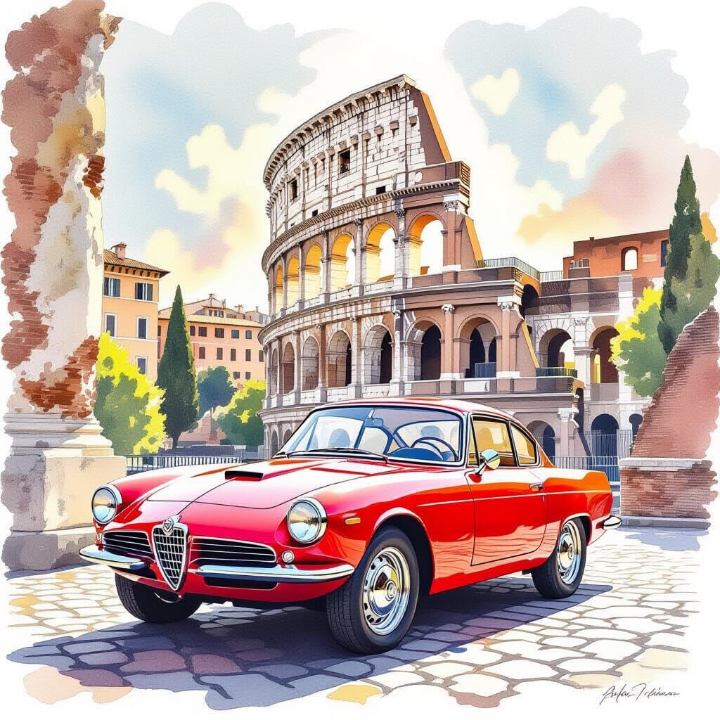 Alfa Romeo in Rome, Aquarelle Style
