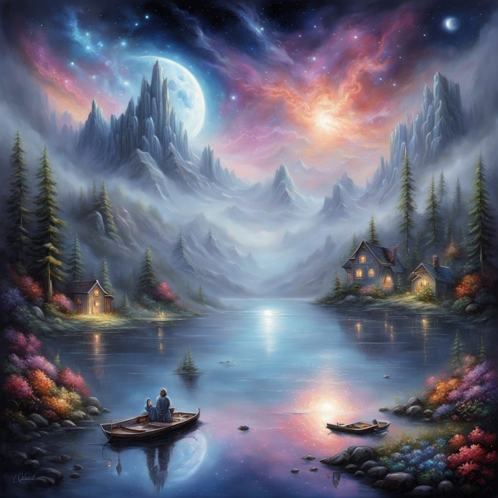 Hyperrealistic Lake Reflects Nebulae in Surreal Moonlight