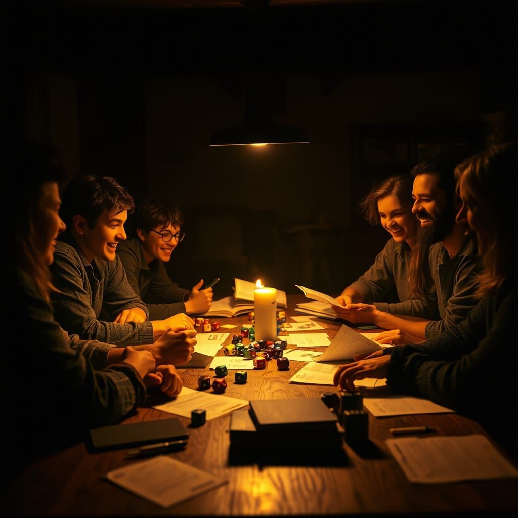 Friends Gathered Around a Dimly Lit Table for an Epic Game o...