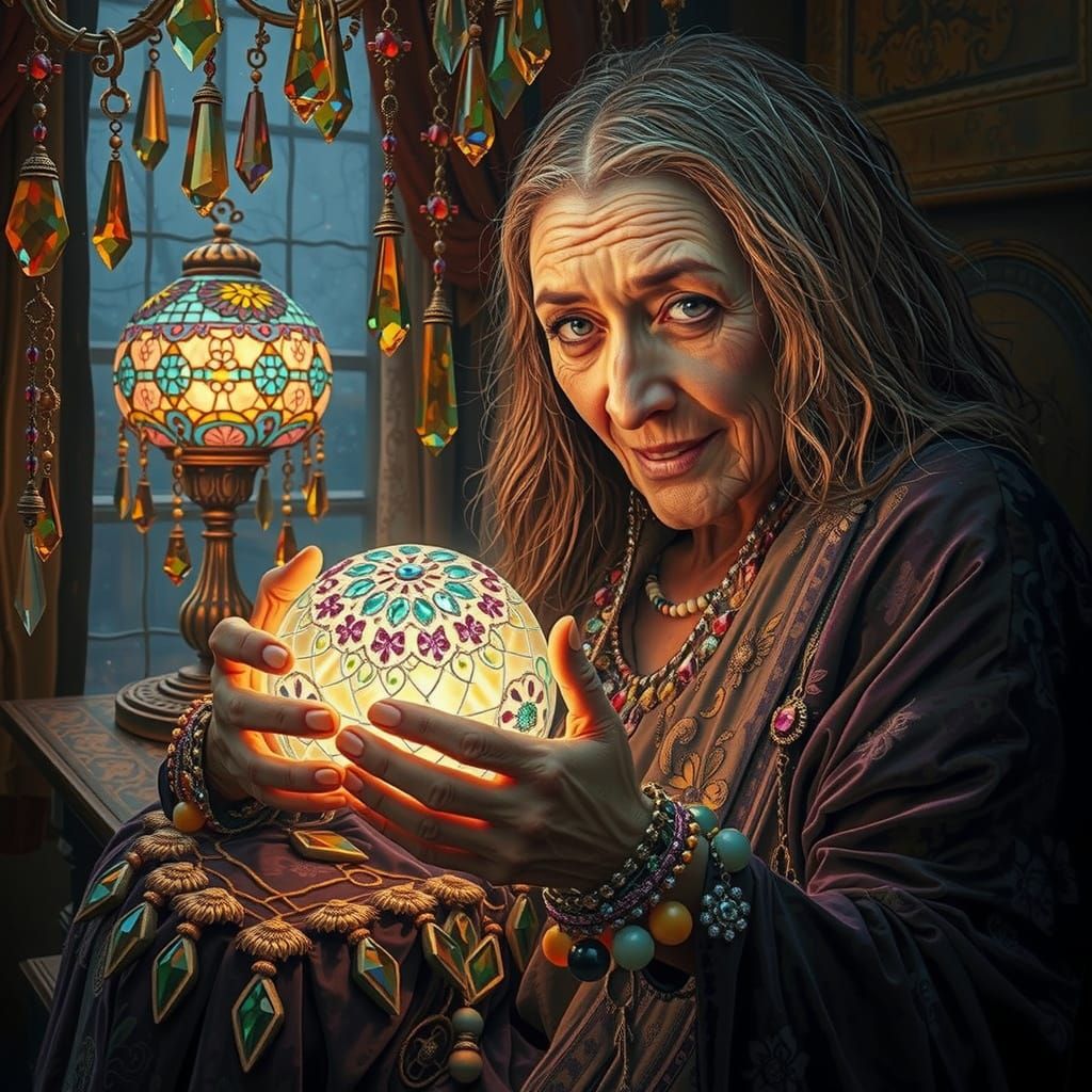 Enchanted Gypsy Seer in Lavish Velvet Robes Amidst Crystal T...