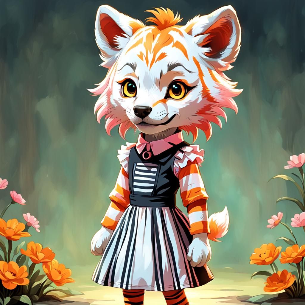 Anthropomorphic Wolf-Tiger Pup in Pink Dress
