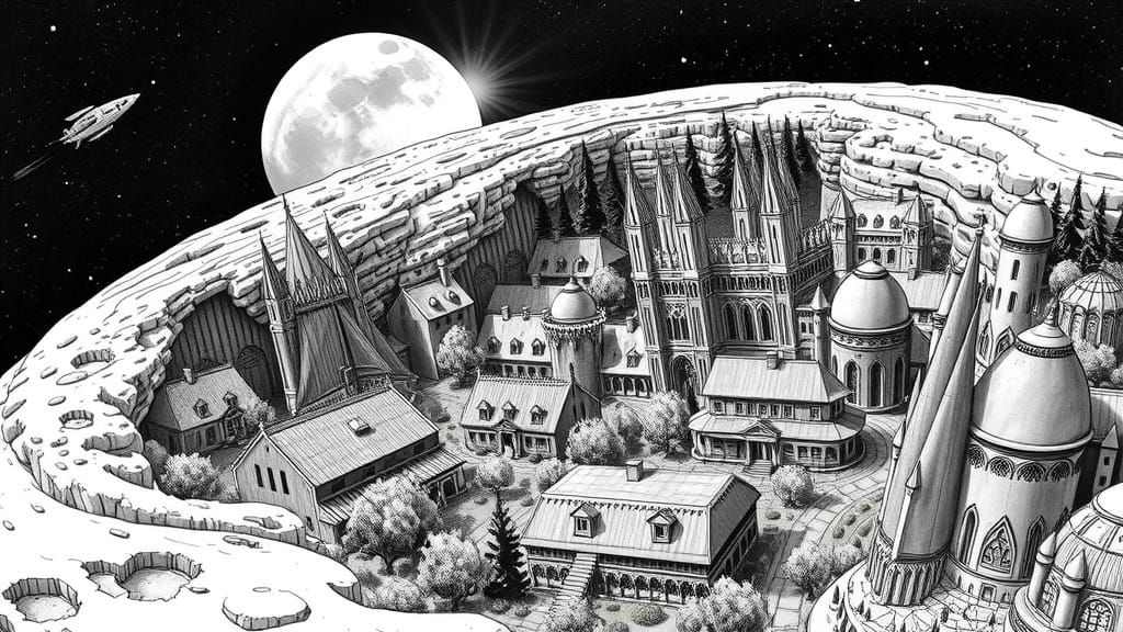 Gothic Lunar Village in Black and White Architectural Drawin...