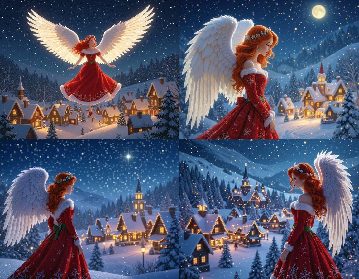 Christmas Angel Watching Over Village 3D Render