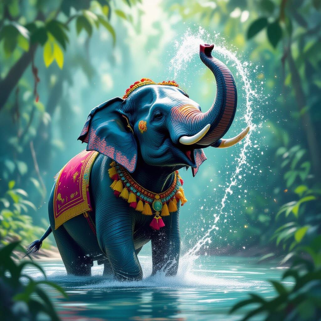 Elephant Spraying Water in Vibrant Jungle Foliage