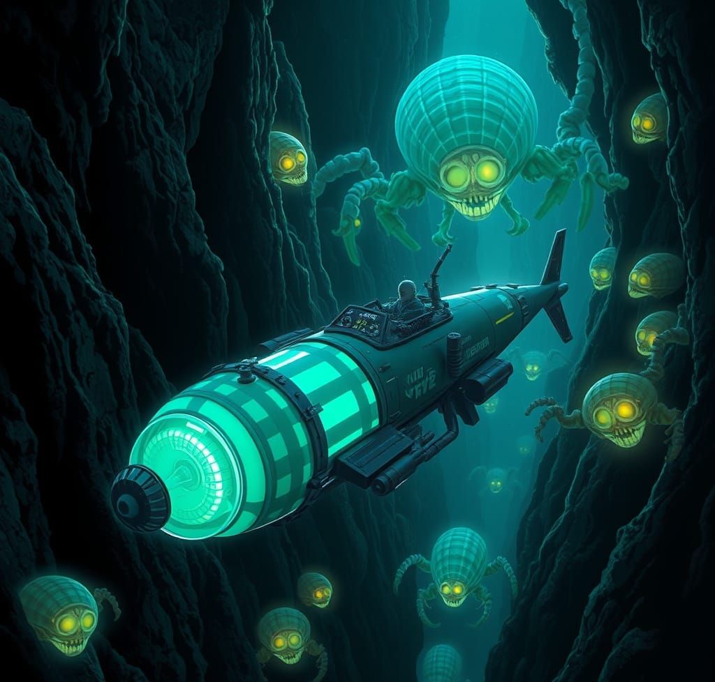 Bioluminescent Submarine Encounter in Deep Sea Trench