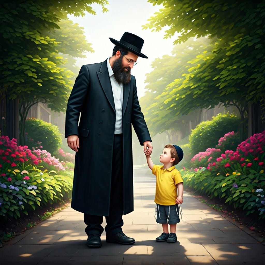 Hasidic Father and Son Portrait in Stylized Realism