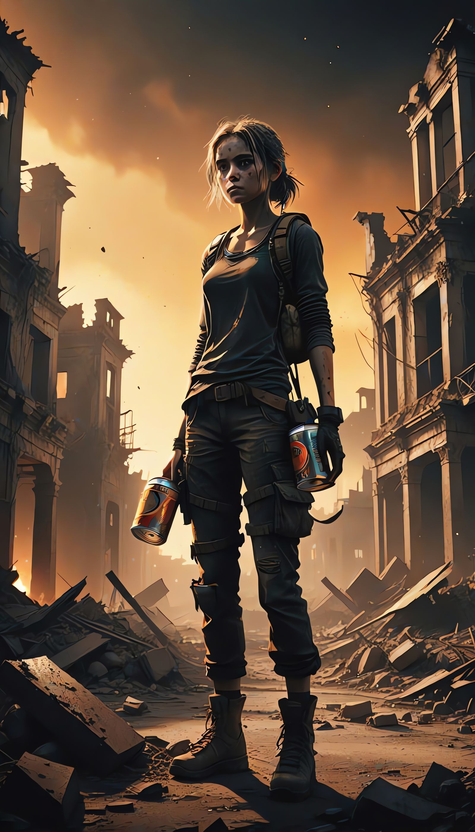 Desolate Cityscape Under Ashy Ruins, Young Woman Holds Last ...