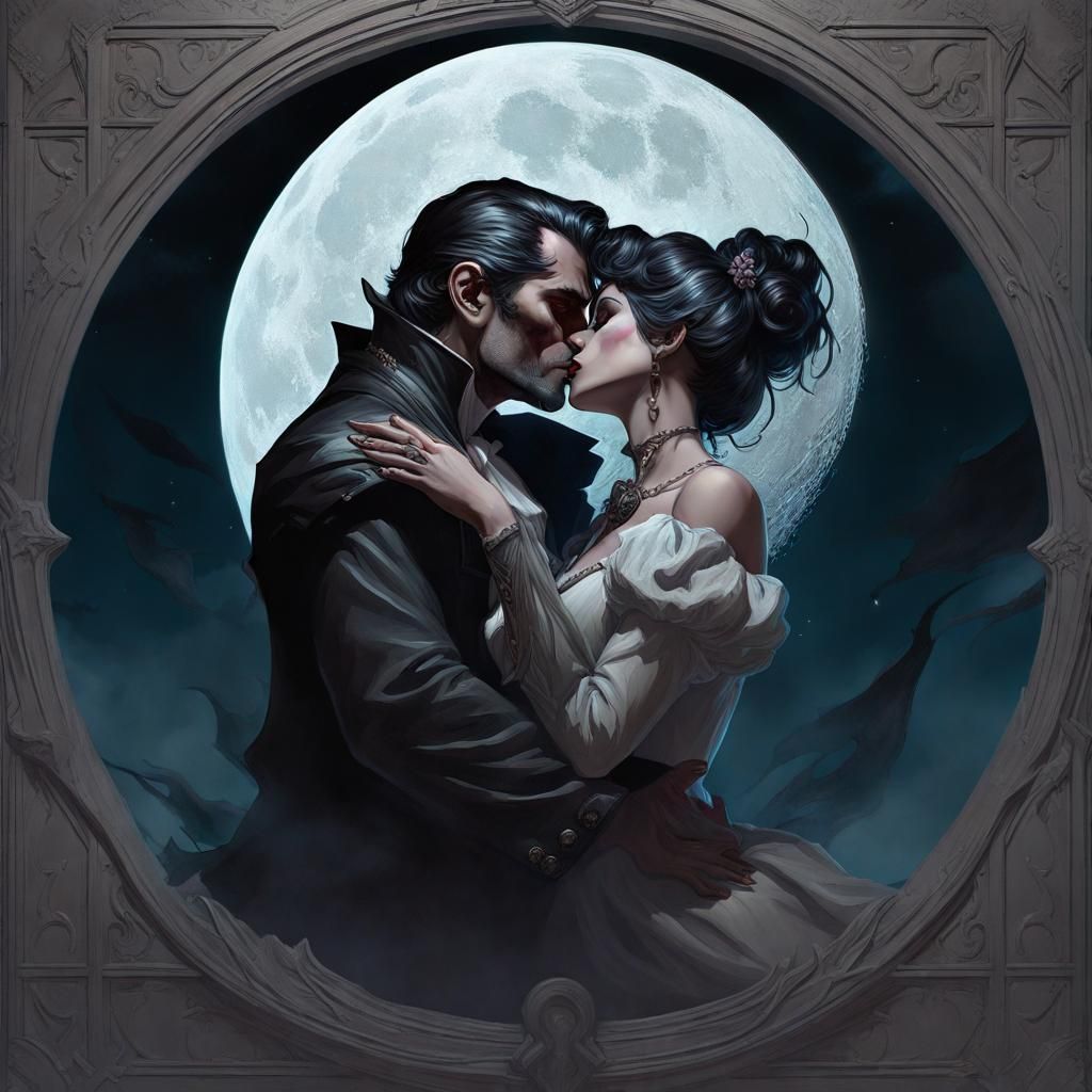 Romantic Gothic Kiss Under Moonlight, Hyperdetailed Portrait