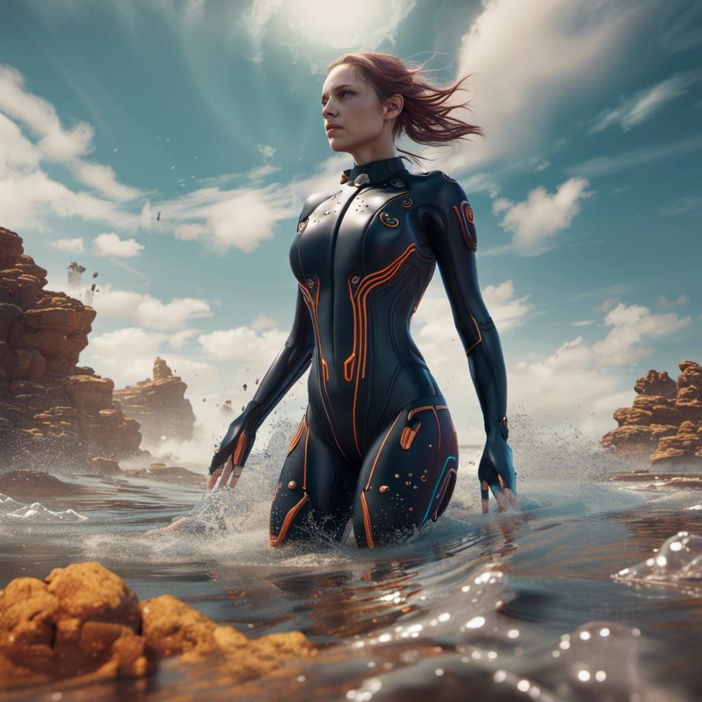 Woman in futuristic wetsuit